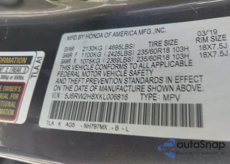 2019 Honda Cr-V Ex-L z USA, uszkodzony, nr VIN 5J6RW2H8XKL006816